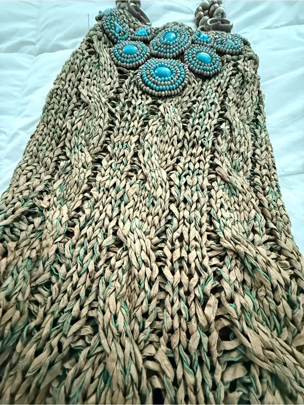 Chico's Brown Handwoven Satchel with Turquoise Bead Accents